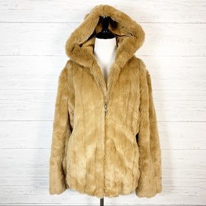 Giacca • Vintage Tan Faux Fur Hooded Coat L